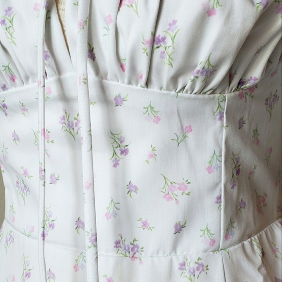 White Floral Print Puff-Sleeve Square Neck Midi Maxi Dress - Picture 6 of 12